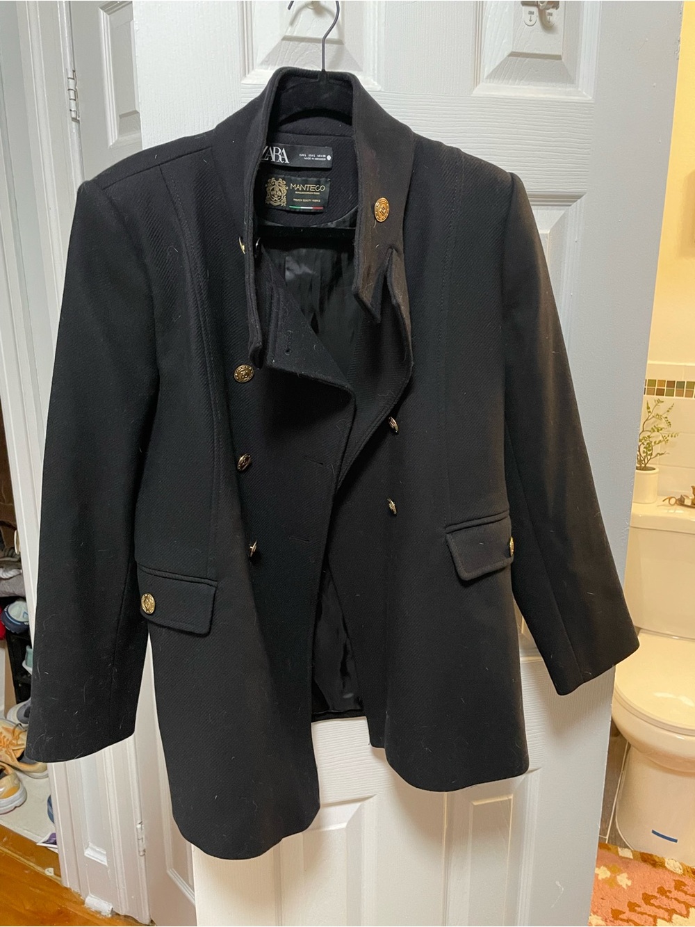 Zara Black Double-Breasted Pea Coat with Gold Buttons